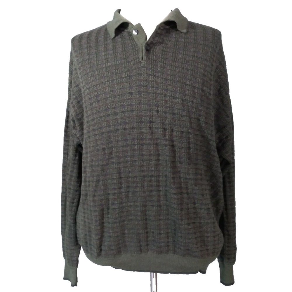 Vintage segreto wool sweater mens 2XL XXL green plaid long sleeve Italy Preppy
